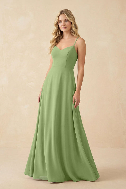 A-Line Chiffon Spaghetti Strap Bridesmaid Dress in Matcha