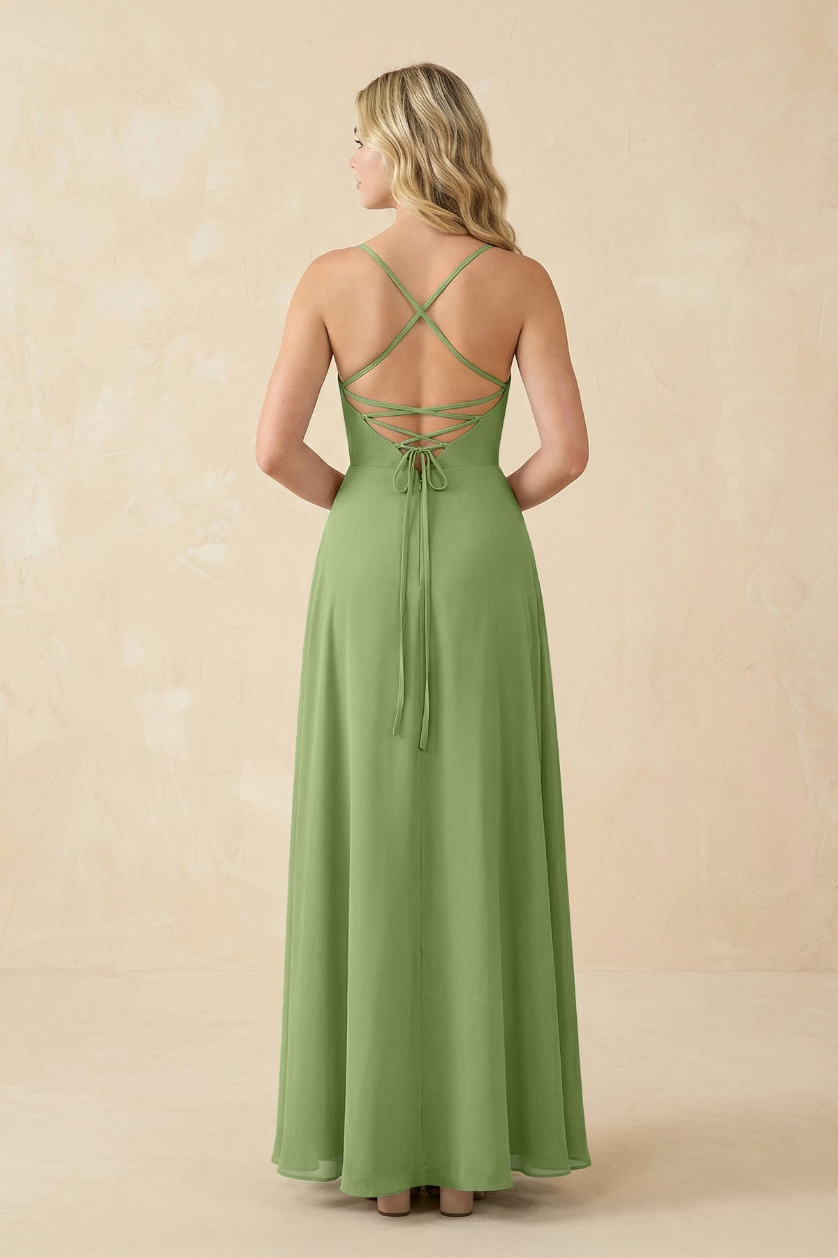 A-Line Chiffon Spaghetti Strap Bridesmaid Dress in Matcha