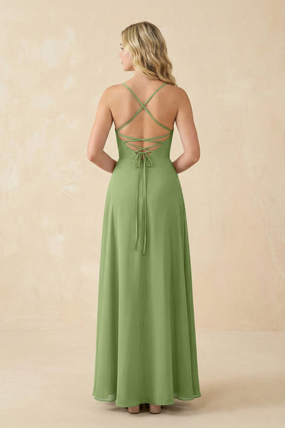 A-Line Chiffon Spaghetti Strap Bridesmaid Dress in Matcha