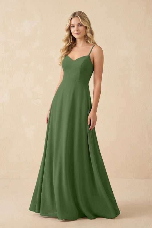 A-Line Chiffon Spaghetti Strap Bridesmaid Dress in Moss