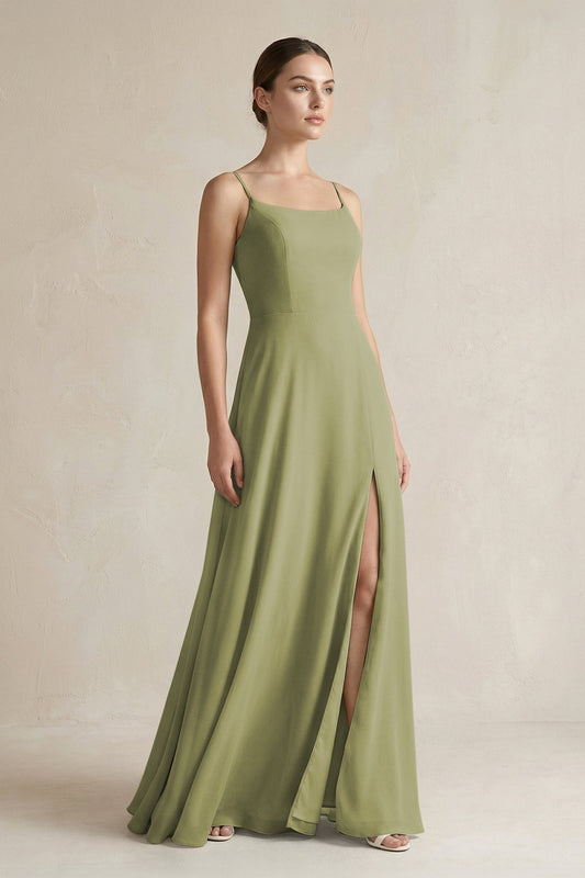 A-Line Chiffon Spaghetti Strap Bridesmaid Dress in Moss Green