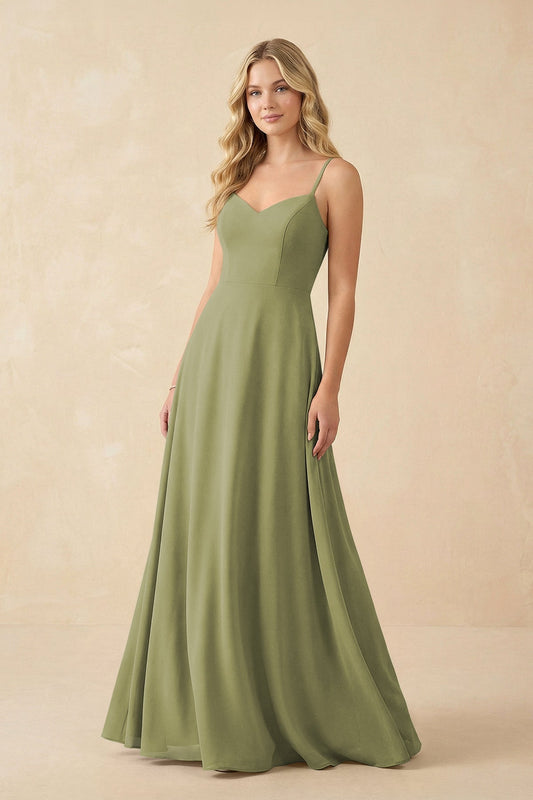 A-Line Chiffon Spaghetti Strap Bridesmaid Dress in Moss Green