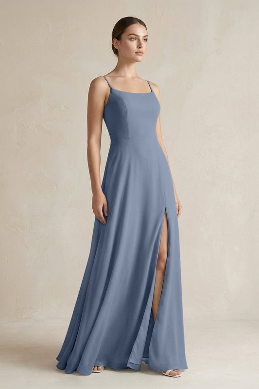 A-Line Chiffon Spaghetti Strap Bridesmaid Dress in Neptune