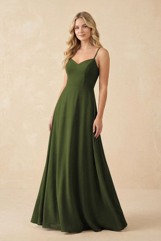 A-Line Chiffon Spaghetti Strap Bridesmaid Dress in Olive