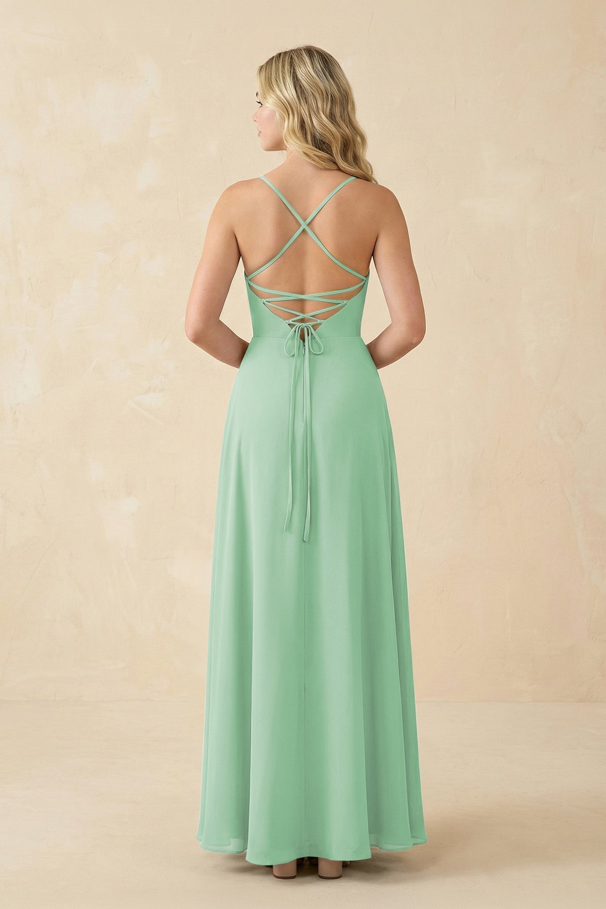 A-Line Chiffon Spaghetti Strap Bridesmaid Dress in Pale Pistachio