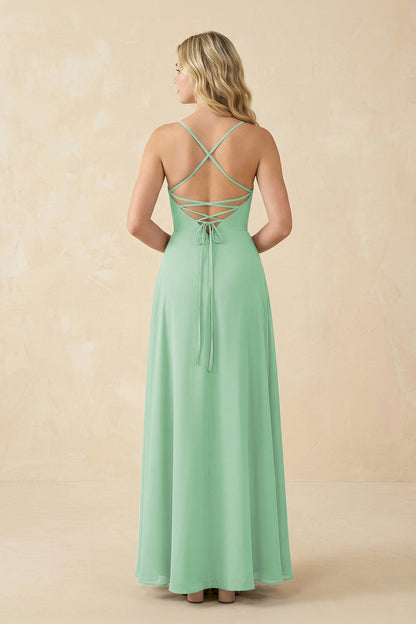 A-Line Chiffon Spaghetti Strap Bridesmaid Dress in Pale Pistachio