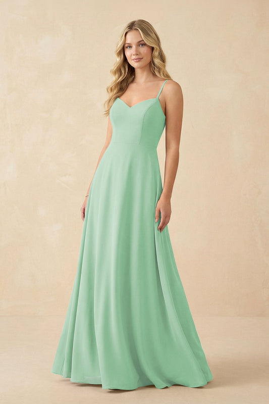 A-Line Chiffon Spaghetti Strap Bridesmaid Dress in Pale Pistachio