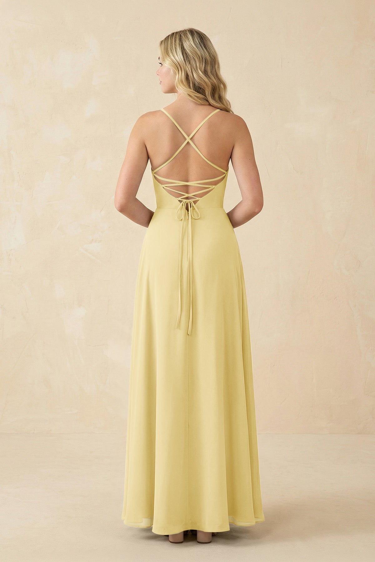 A-Line Chiffon Spaghetti Strap Bridesmaid Dress in Pastel Yellow