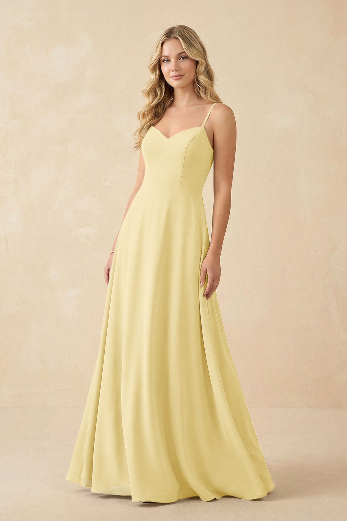 A-Line Chiffon Spaghetti Strap Bridesmaid Dress in Pastel Yellow