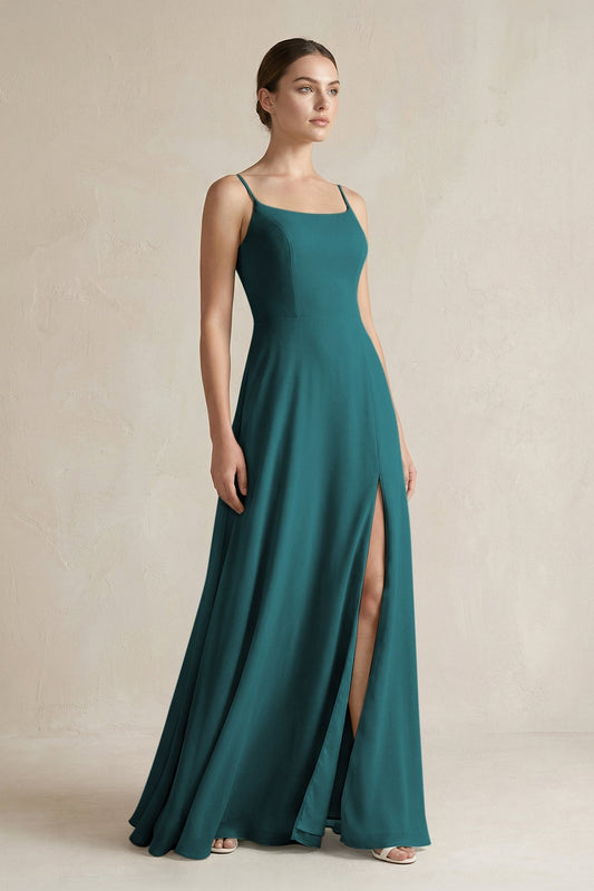 A-Line Chiffon Spaghetti Strap Bridesmaid Dress in Pine