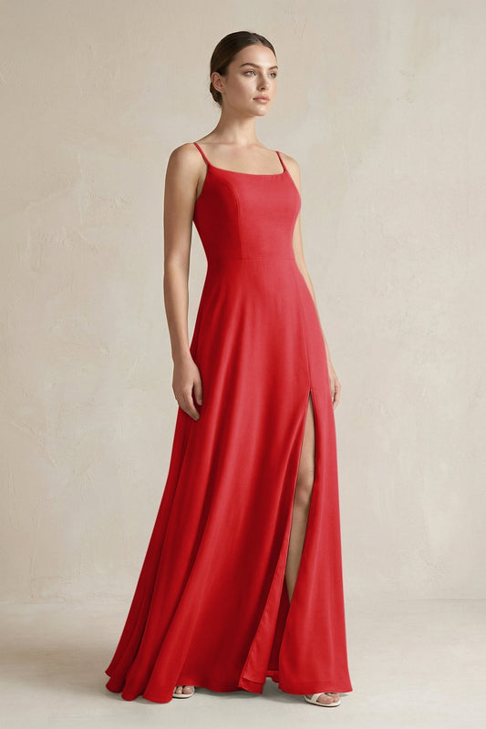 A-Line Chiffon Spaghetti Strap Bridesmaid Dress in Ruby Red
