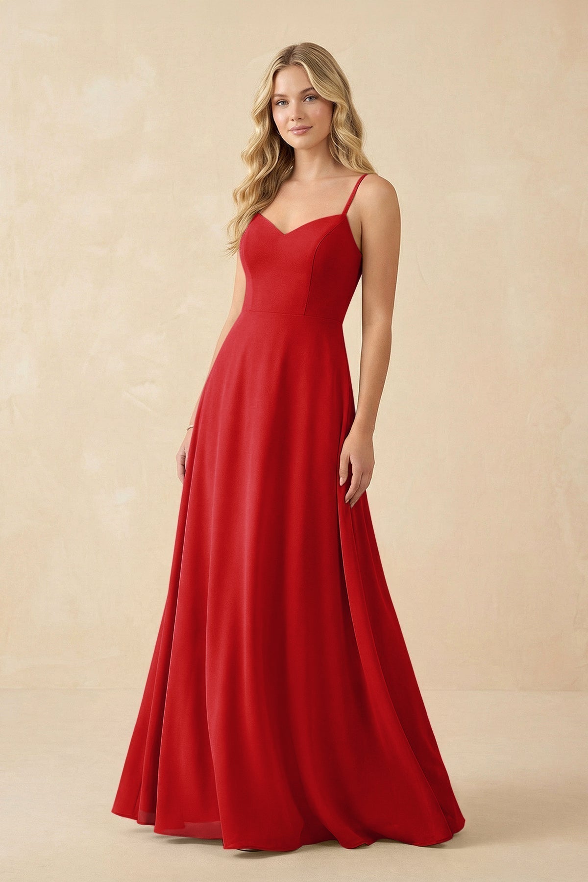 A-Line Chiffon Spaghetti Strap Bridesmaid Dress in Ruby Red