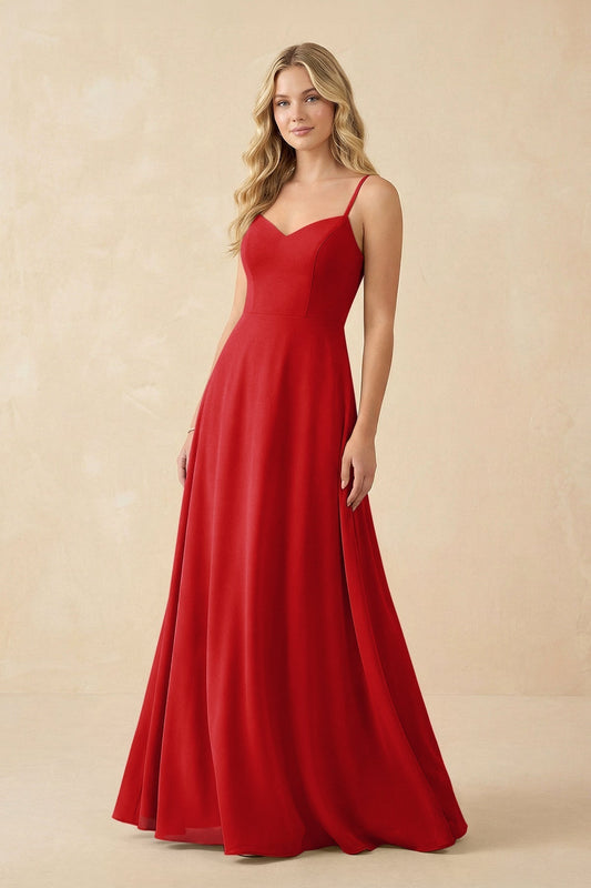 A-Line Chiffon Spaghetti Strap Bridesmaid Dress in Ruby Red