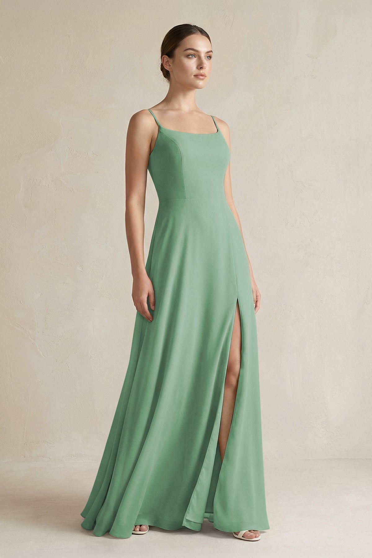 A-Line Chiffon Spaghetti Strap Bridesmaid Dress in Sea Glass