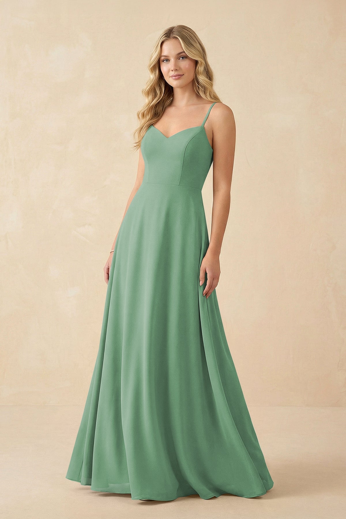 A-Line Chiffon Spaghetti Strap Bridesmaid Dress in Sea Glass