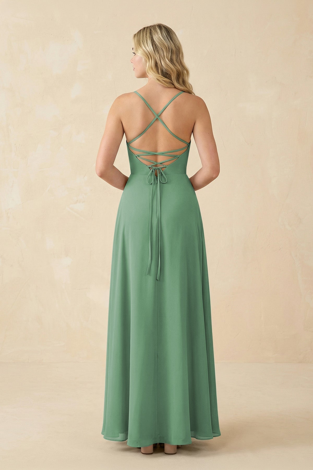 A-Line Chiffon Spaghetti Strap Bridesmaid Dress in Sea Glass