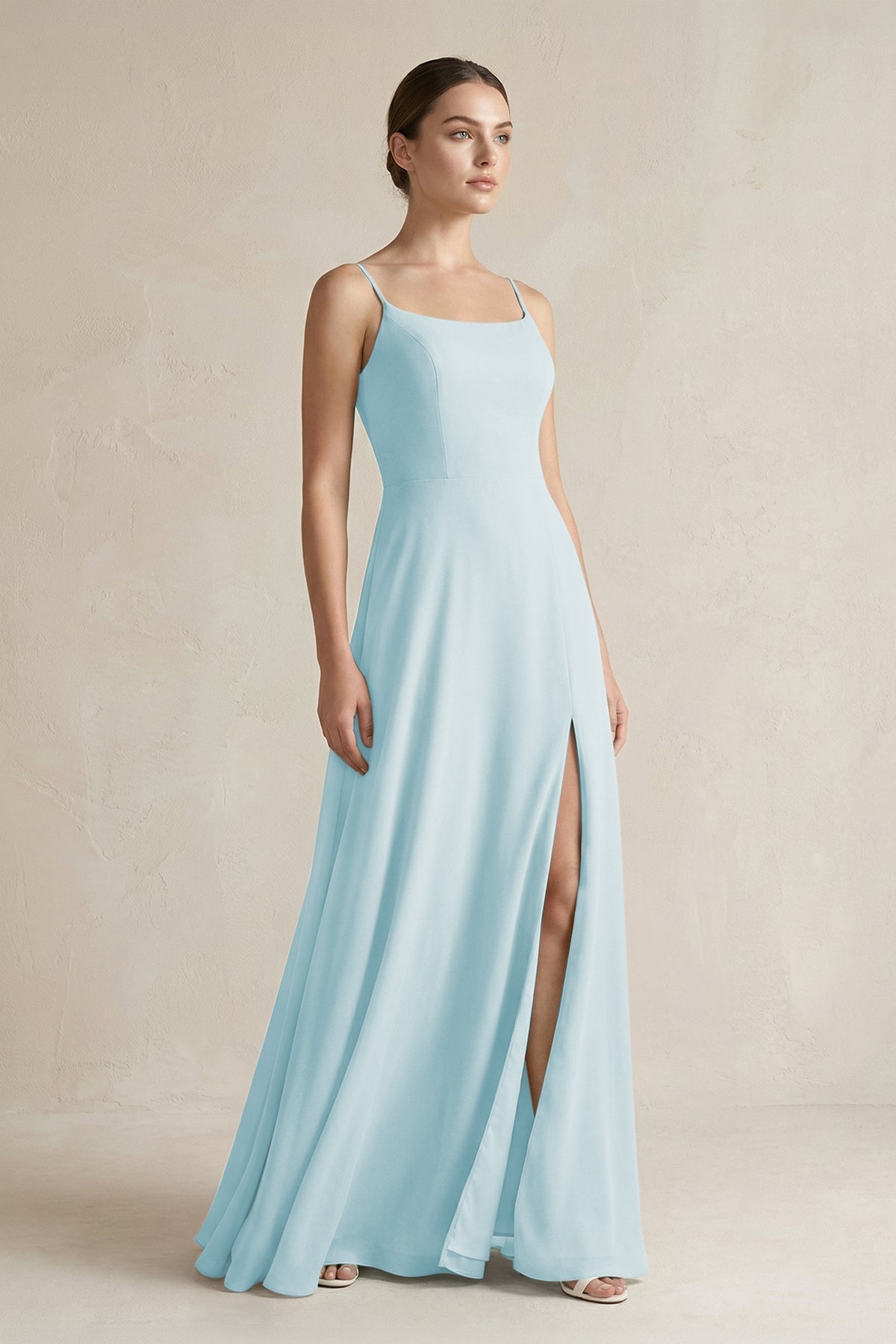 A-Line Chiffon Spaghetti Strap Bridesmaid Dress in Sky Blue