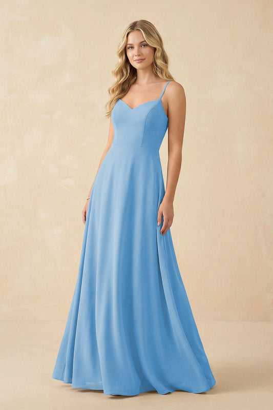 A-Line Chiffon Spaghetti Strap Bridesmaid Dress in Steel Blue