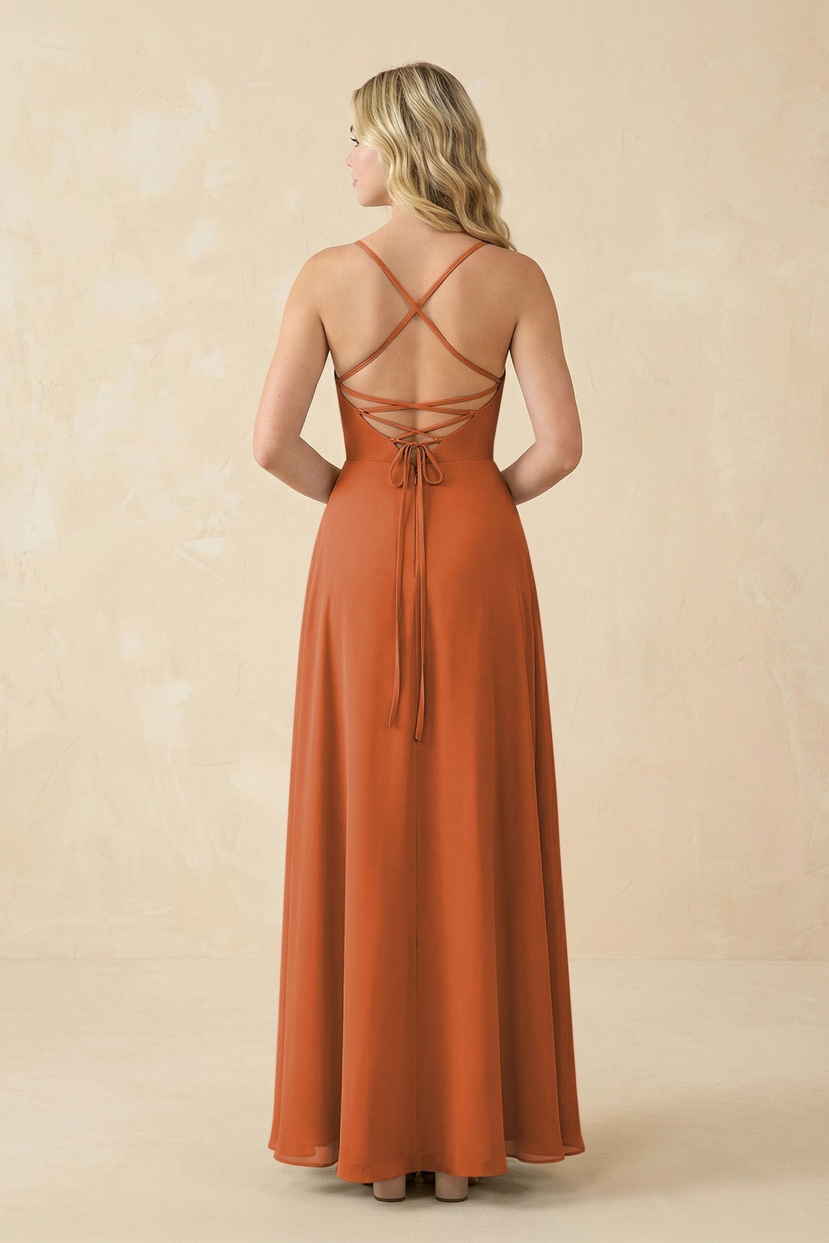 A-Line Chiffon Spaghetti Strap Bridesmaid Dress in Terracotta