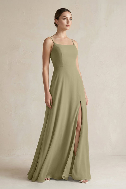 A-Line Chiffon Spaghetti Strap Bridesmaid Dress in Thyme