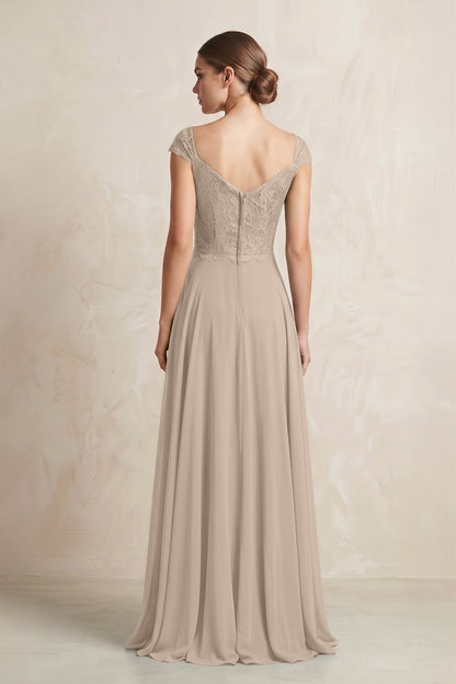 A-Line Chiffon V-Neck Pleated Bridesmaid Dress with Cap Sleeves in Almond