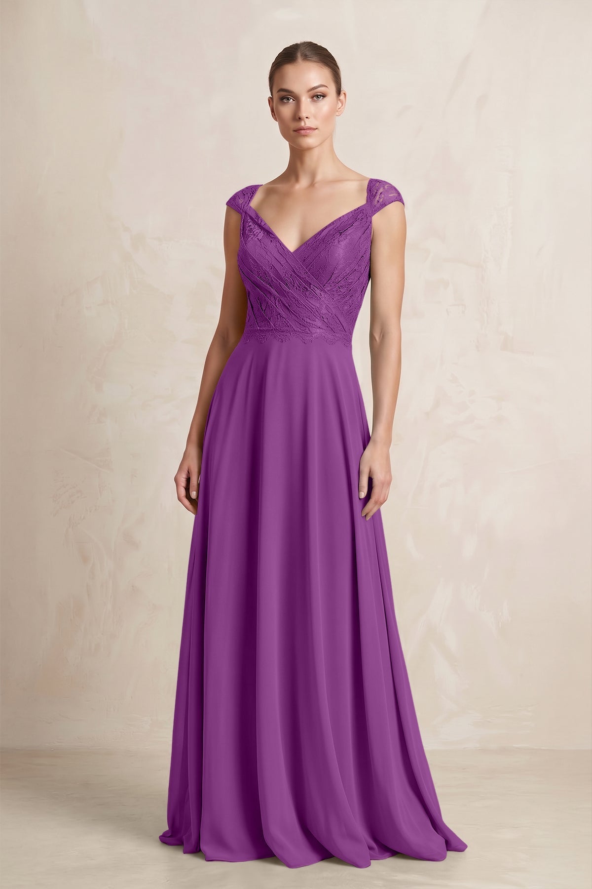 A-Line Chiffon V-Neck Pleated Bridesmaid Dress with Cap Sleeves in Amethyst