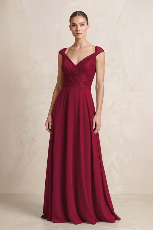 A-Line Chiffon V-Neck Pleated Bridesmaid Dress with Cap Sleeves in Berry