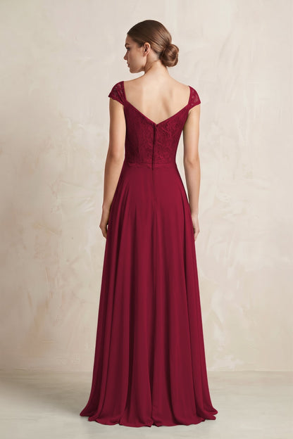 A-Line Chiffon V-Neck Pleated Bridesmaid Dress with Cap Sleeves in Berry