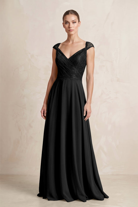 A-Line Chiffon V-Neck Pleated Bridesmaid Dress with Cap Sleeves in Black