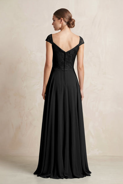 A-Line Chiffon V-Neck Pleated Bridesmaid Dress with Cap Sleeves in Black