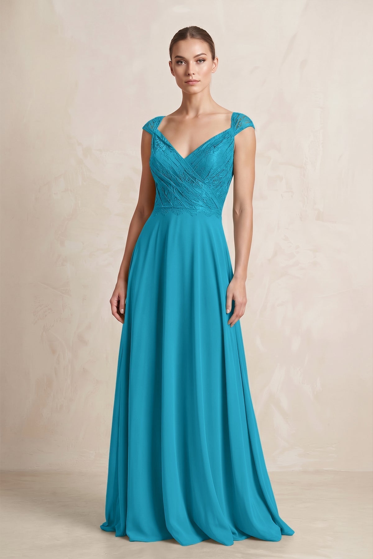 A-Line Chiffon V-Neck Pleated Bridesmaid Dress with Cap Sleeves in Blue Jay