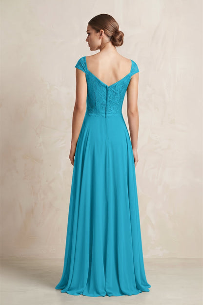 A-Line Chiffon V-Neck Pleated Bridesmaid Dress with Cap Sleeves in Blue Jay