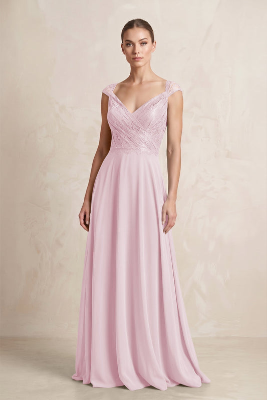 A-Line Chiffon V-Neck Pleated Bridesmaid Dress with Cap Sleeves in Candy Pink