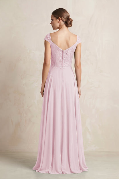 A-Line Chiffon V-Neck Pleated Bridesmaid Dress with Cap Sleeves in Candy Pink
