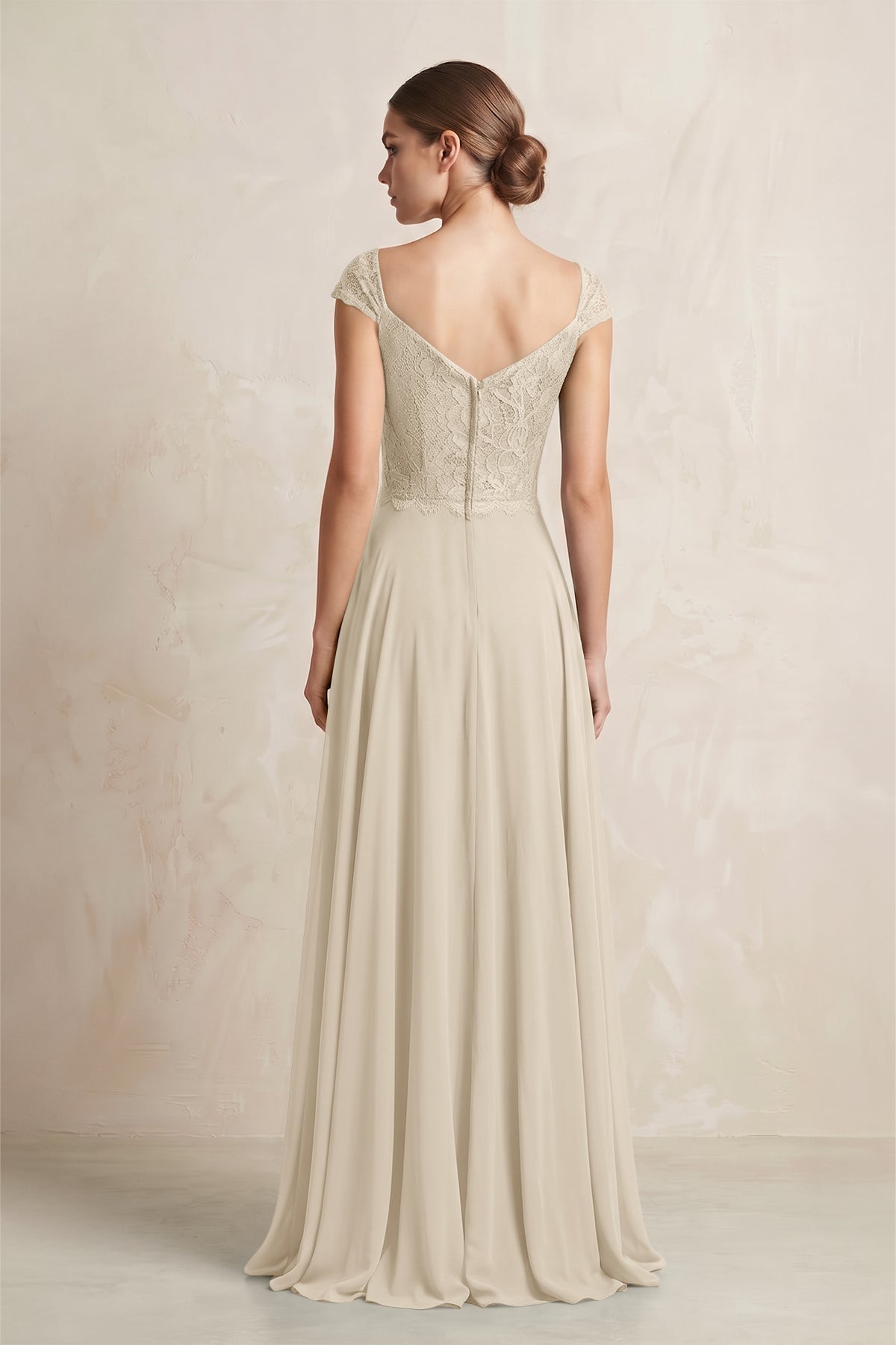 A-Line Chiffon V-Neck Pleated Bridesmaid Dress with Cap Sleeves in Champagne