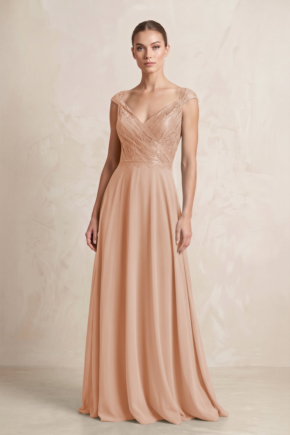 A-Line Chiffon V-Neck Pleated Bridesmaid Dress with Cap Sleeves in Champagne Rose