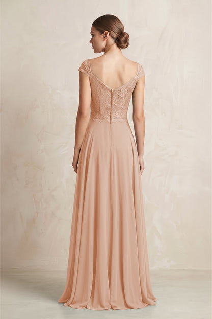 A-Line Chiffon V-Neck Pleated Bridesmaid Dress with Cap Sleeves in Champagne Rose
