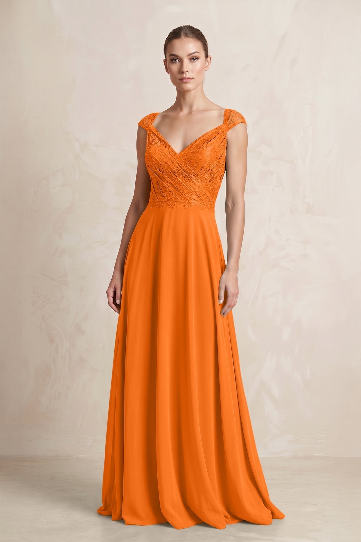 A-Line Chiffon V-Neck Pleated Bridesmaid Dress with Cap Sleeves in Cinnamon
