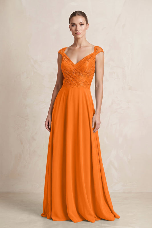 A-Line Chiffon V-Neck Pleated Bridesmaid Dress with Cap Sleeves in Cinnamon