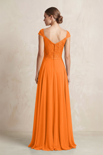 A-Line Chiffon V-Neck Pleated Bridesmaid Dress with Cap Sleeves in Cinnamon