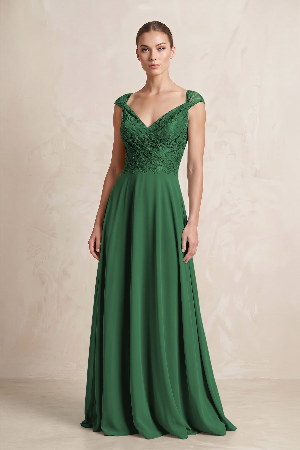 A-Line Chiffon V-Neck Pleated Bridesmaid Dress with Cap Sleeves in Dark Green