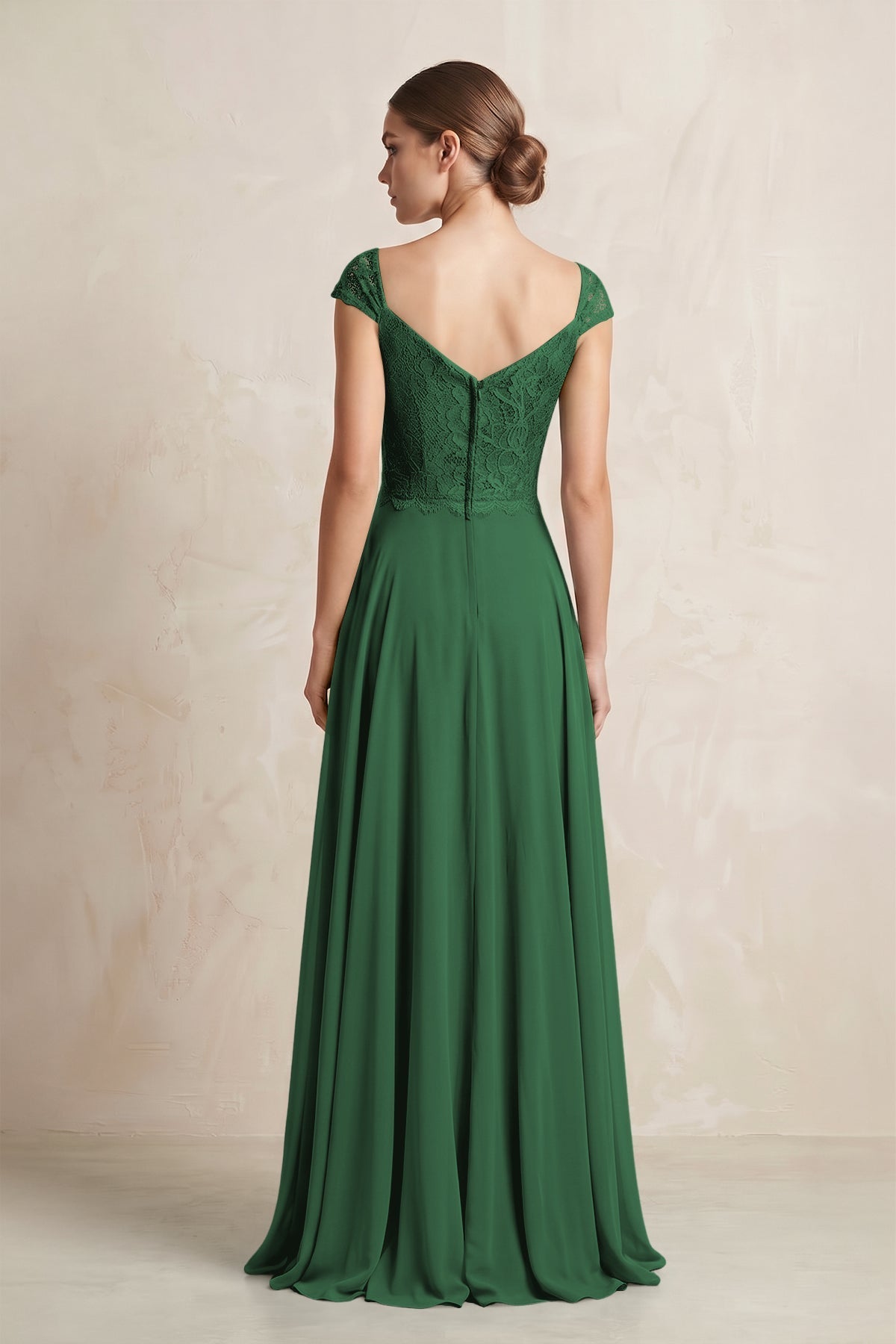 A-Line Chiffon V-Neck Pleated Bridesmaid Dress with Cap Sleeves in Dark Green