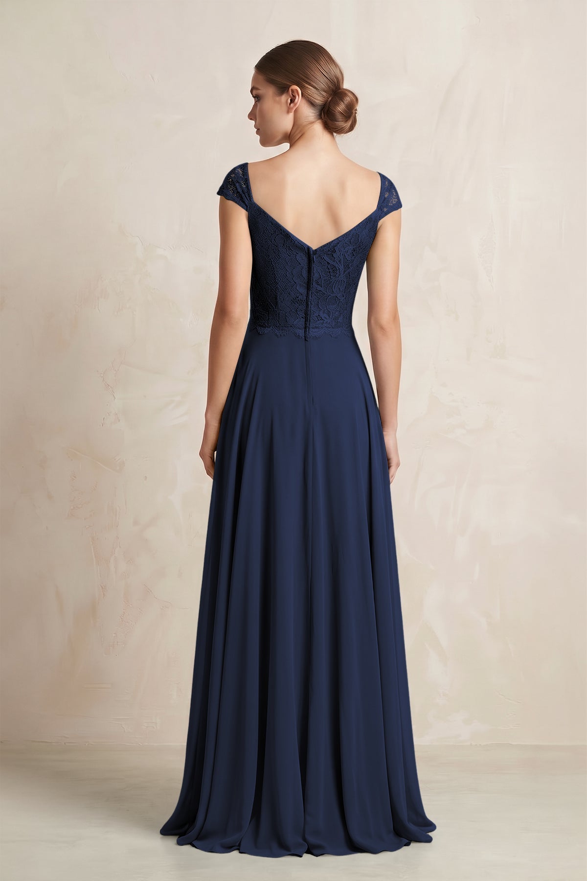 A-Line Chiffon V-Neck Pleated Bridesmaid Dress with Cap Sleeves in Dark Navy