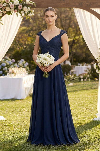 A-Line Chiffon V-Neck Pleated Bridesmaid Dress with Cap Sleeves in Dark Navy