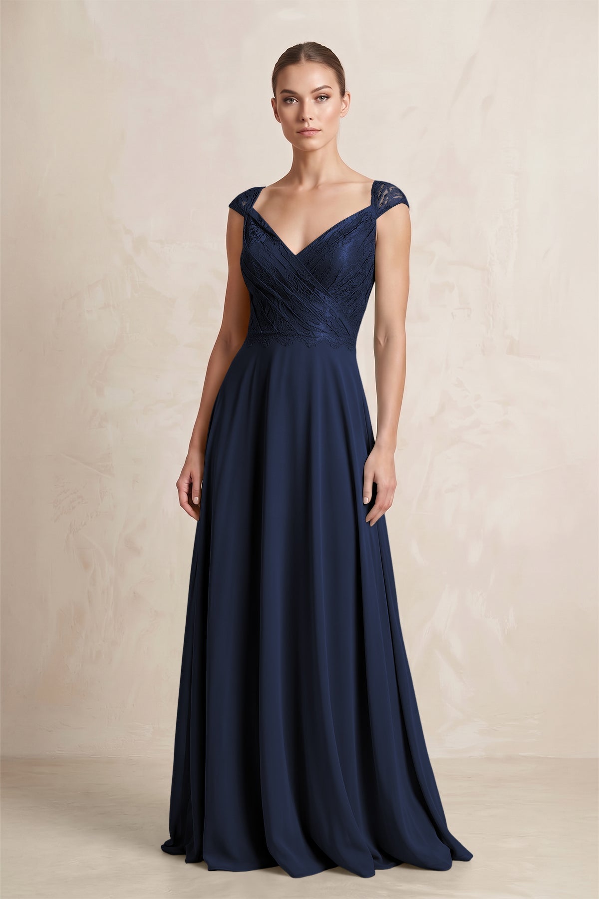 A-Line Chiffon V-Neck Pleated Bridesmaid Dress with Cap Sleeves in Dark Navy