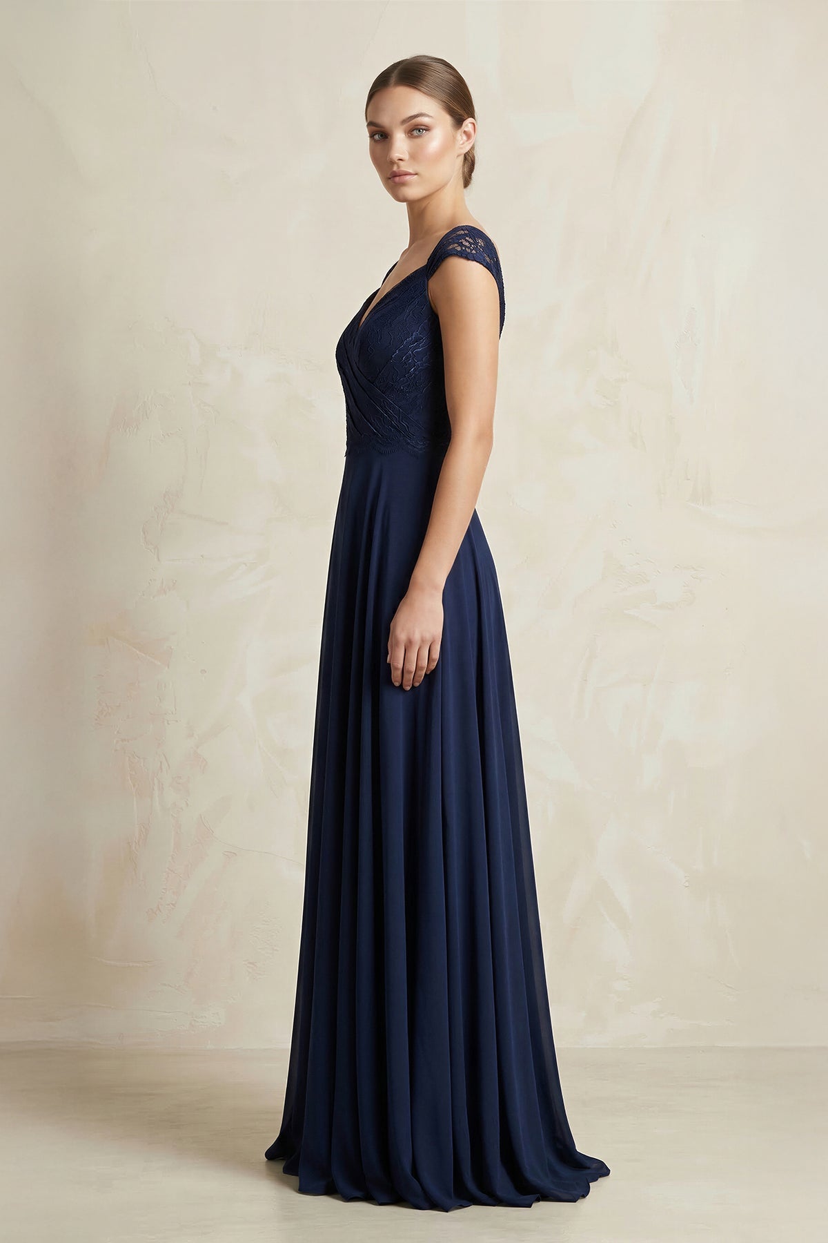 A-Line Chiffon V-Neck Pleated Bridesmaid Dress with Cap Sleeves in Dark Navy