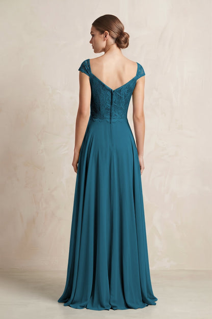 A-Line Chiffon V-Neck Pleated Bridesmaid Dress with Cap Sleeves in Dark Teal