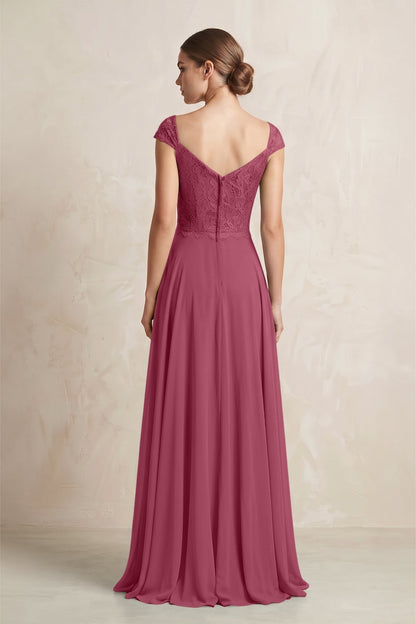 A-Line Chiffon V-Neck Pleated Bridesmaid Dress with Cap Sleeves in Desert Rose