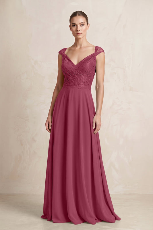 A-Line Chiffon V-Neck Pleated Bridesmaid Dress with Cap Sleeves in Desert Rose
