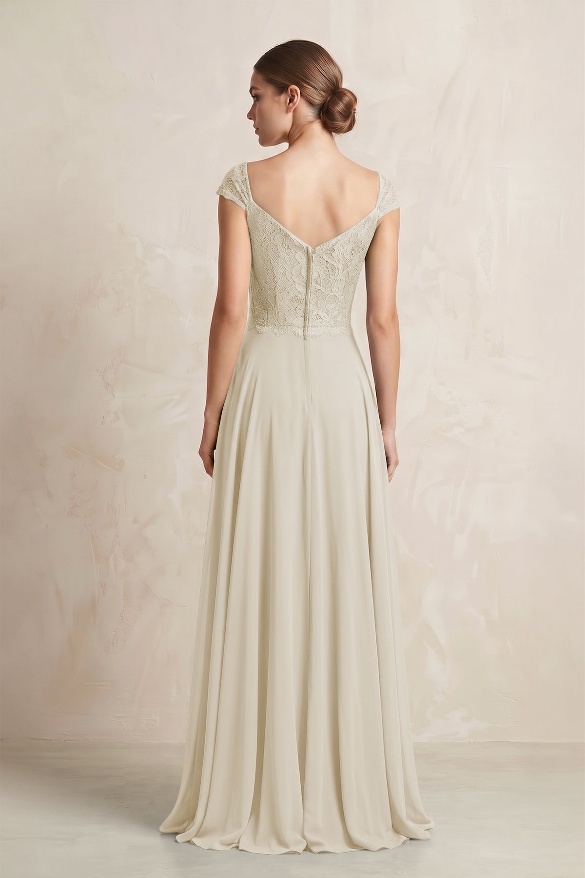 A-Line Chiffon V-Neck Pleated Bridesmaid Dress with Cap Sleeves in Dove Gray